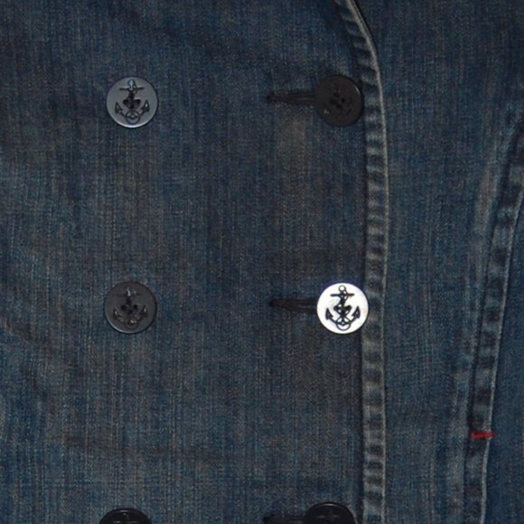 LIZ CLAIRBORNE Short Blue Denim Pea Coat Jacket W/ Anchor Buttons  SIze 8 - Picture 3 of 10